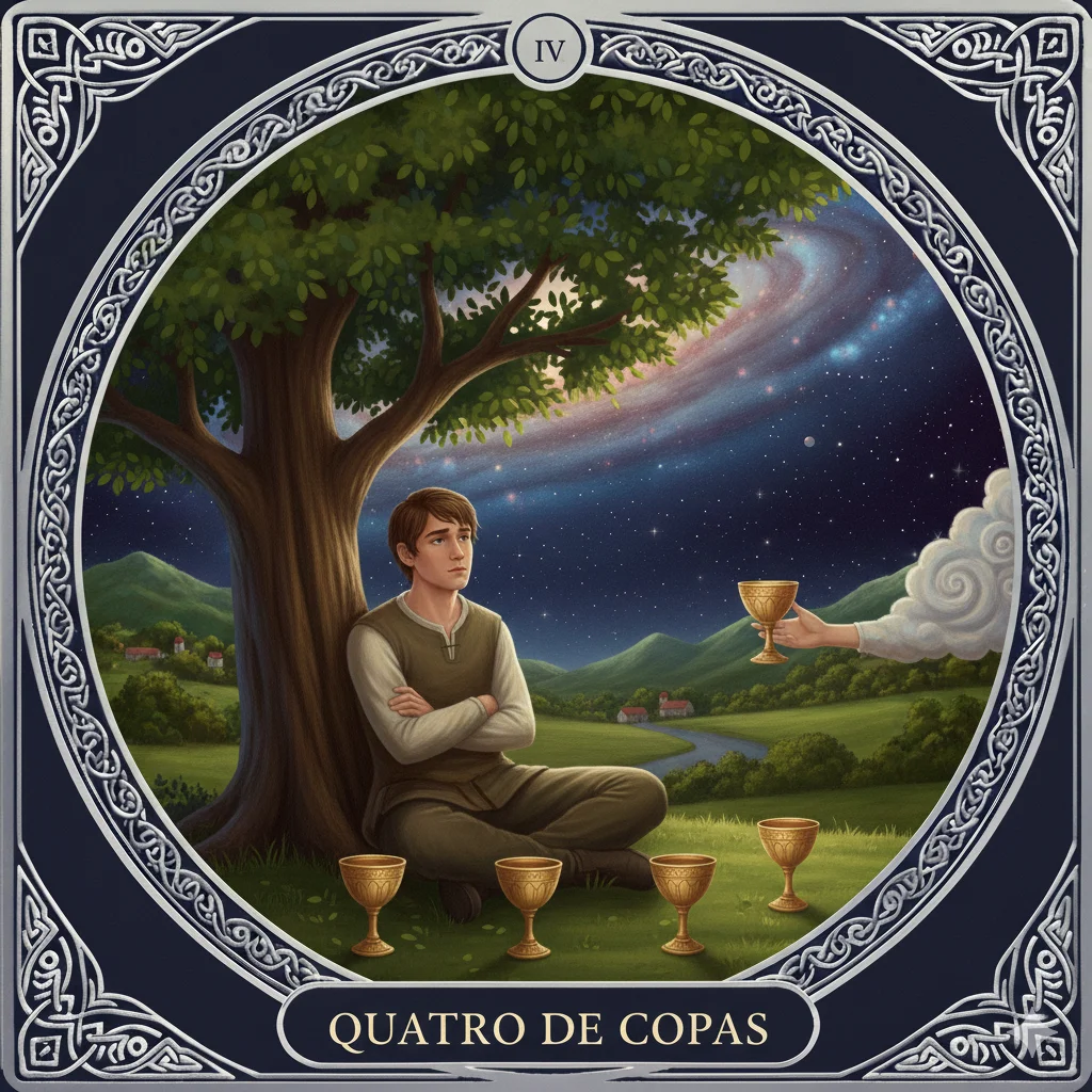 Quatro de Copas no Tarot: Significado Completo, Amor, Trabalho, Espiritualidade, Psicologia, Leitura Invertida e Conselho Profundo 5 Quatro de Copas no Tarot: Significado Completo, Amor, Trabalho, Espiritualidade, Psicologia, Leitura Invertida e Conselho Profundo