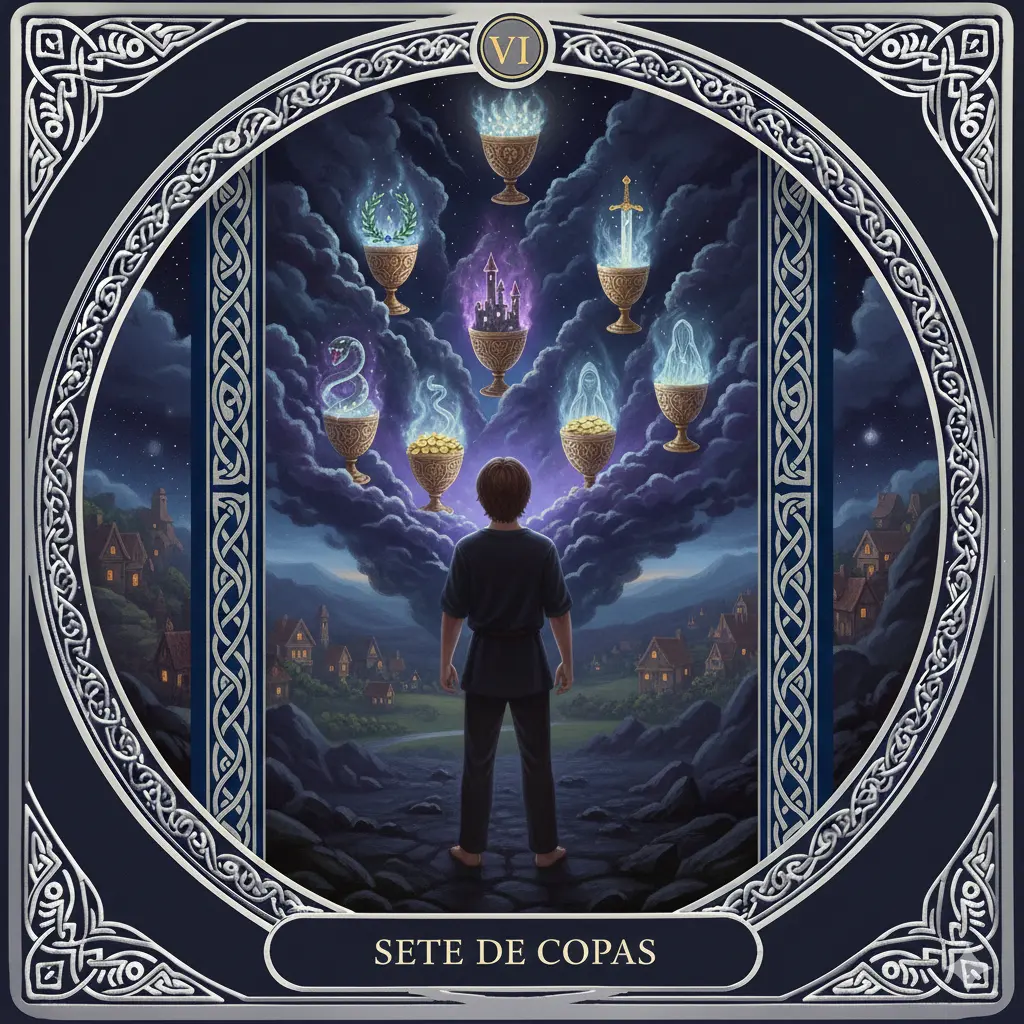 Sete de Copas no Tarot: Significado Completo, Amor, Ilusão, Escolhas, Confusão Mental, Espiritualidade, Psicologia e Leitura Invertida 2 Sete de Copas no Tarot: Significado Completo, Amor, Ilusão, Escolhas, Confusão Mental, Espiritualidade, Psicologia e Leitura Invertida